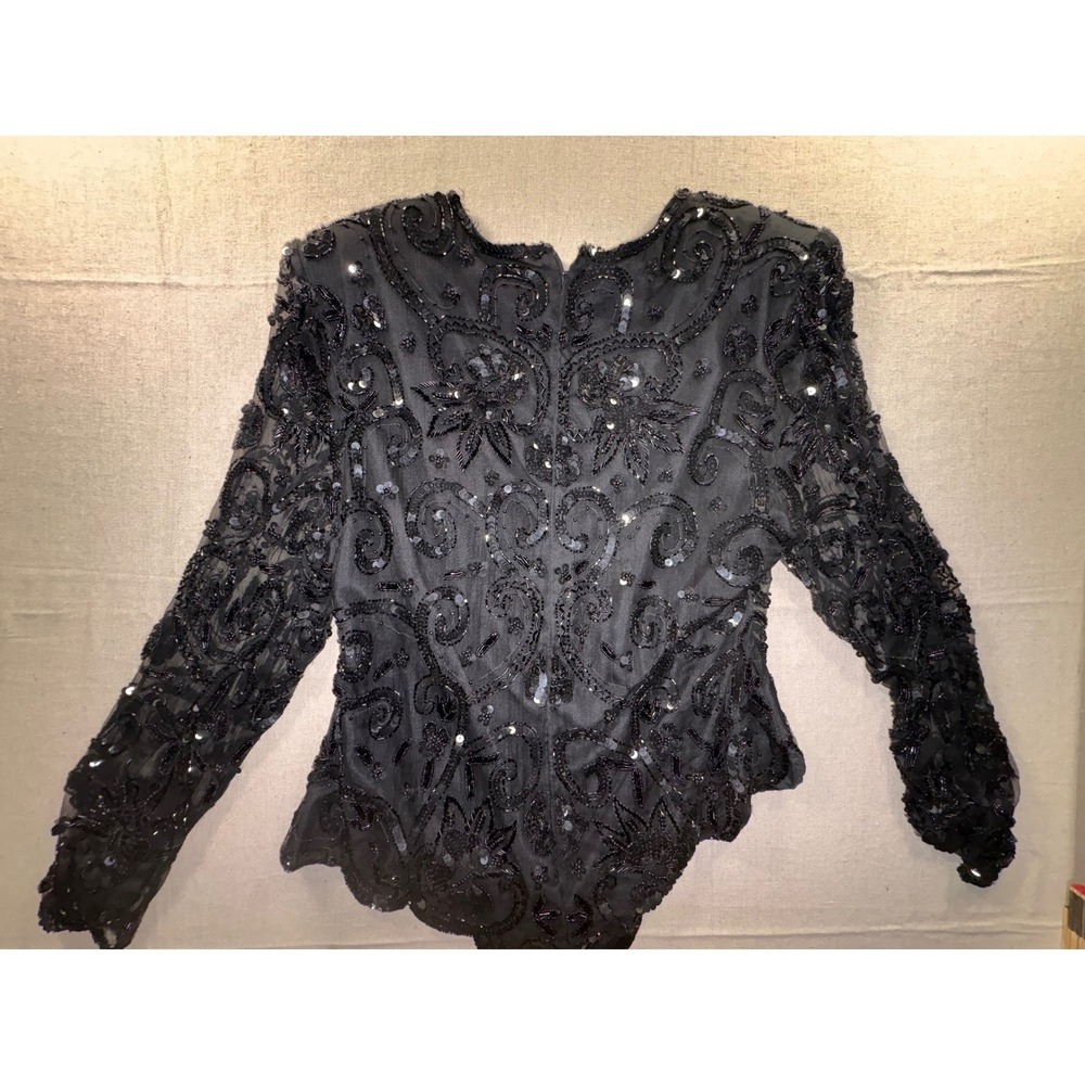 Laurence Kazar Black Silk Beaded Sequin Floral Evening Top Long Sleeve Large - Picture 10 of 12